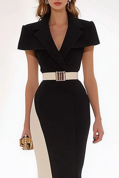 Work Semi-Formal Dress Colorblock Lapel Short Sleeve Belted Maxi Dress