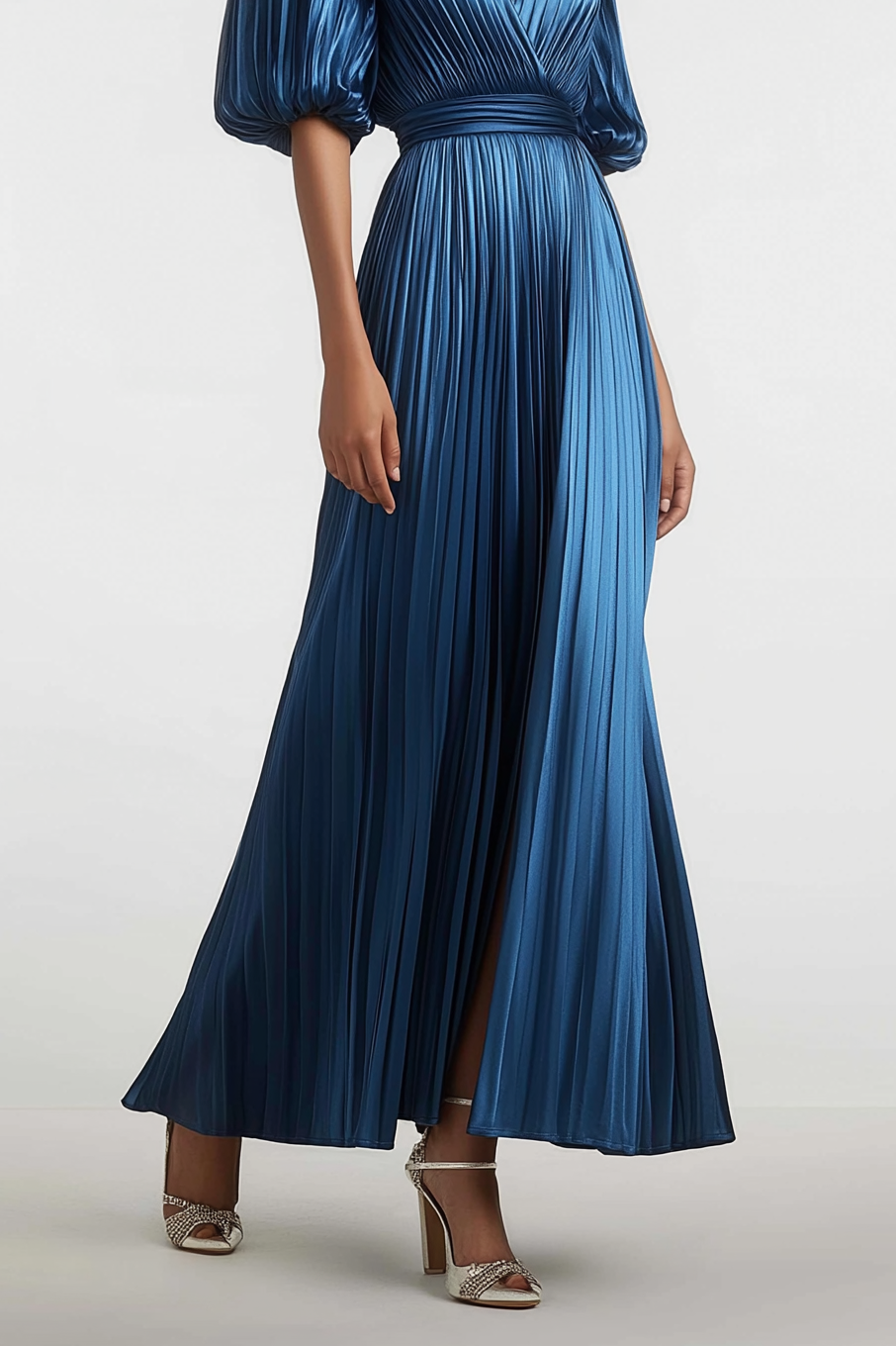 Party Dress Blue Deep V Bubble Sleeve Metallic Fabric Maxi Dress
