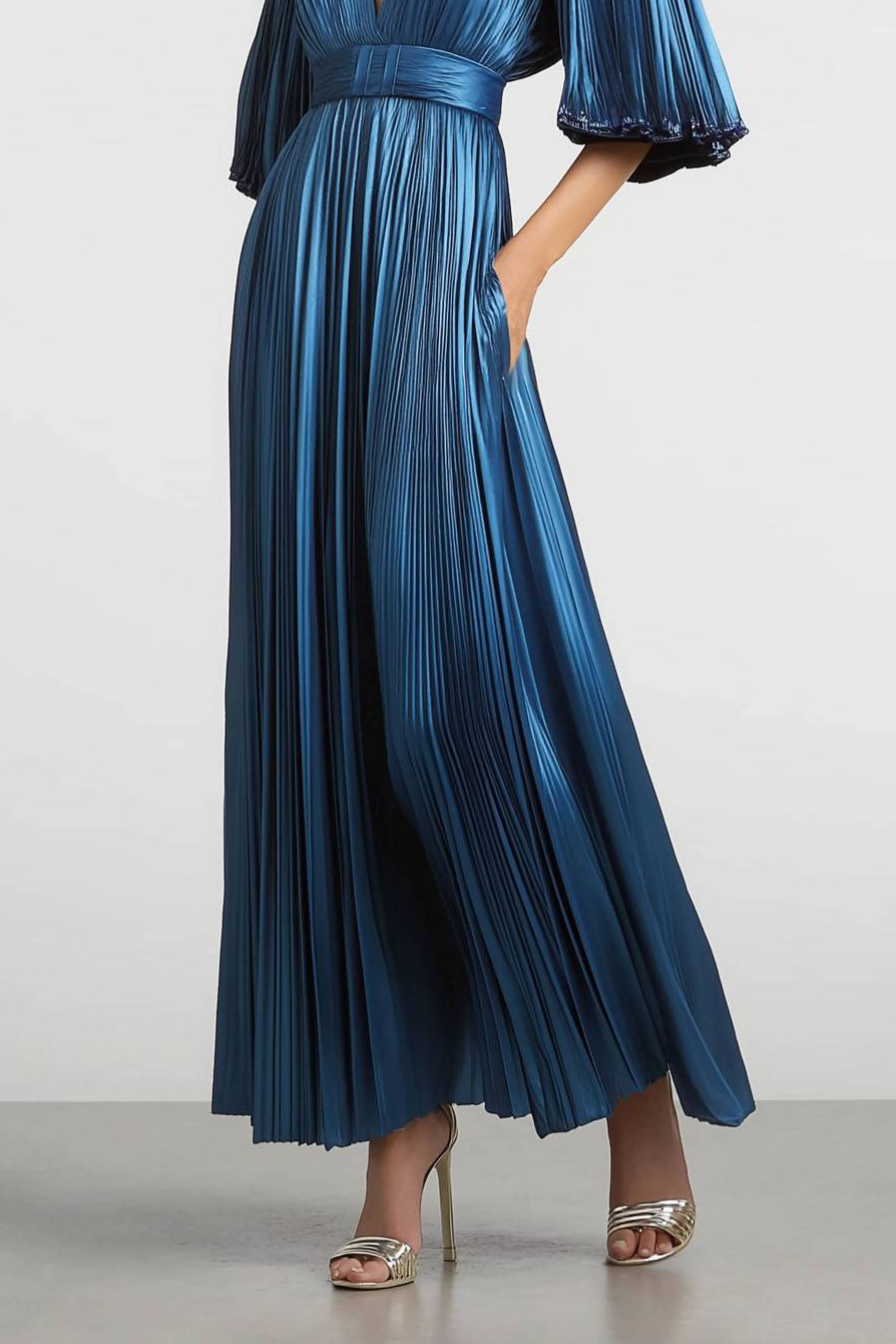 Semi-Formal Party Dress Blue Deep V Metallic Pleated Fabric Pocketed Maxi Dress