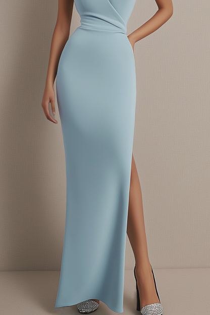 Wedding Guest Dress Light Blue Halter Neck Sleeveless Side Slit Maxi Dress