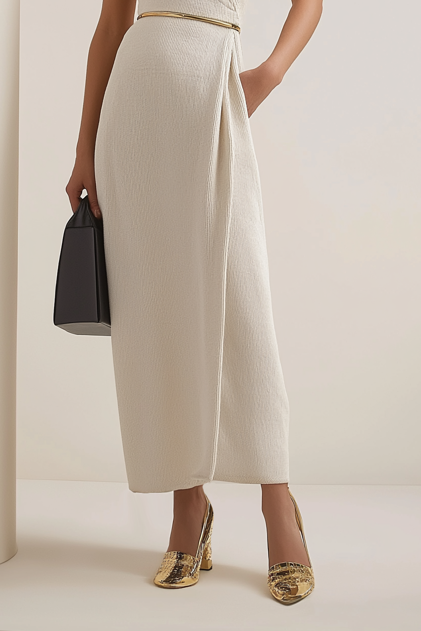 Work Semi-Formal Dress Beige V-Neck Sleeveless Pocketed Maxi Dress