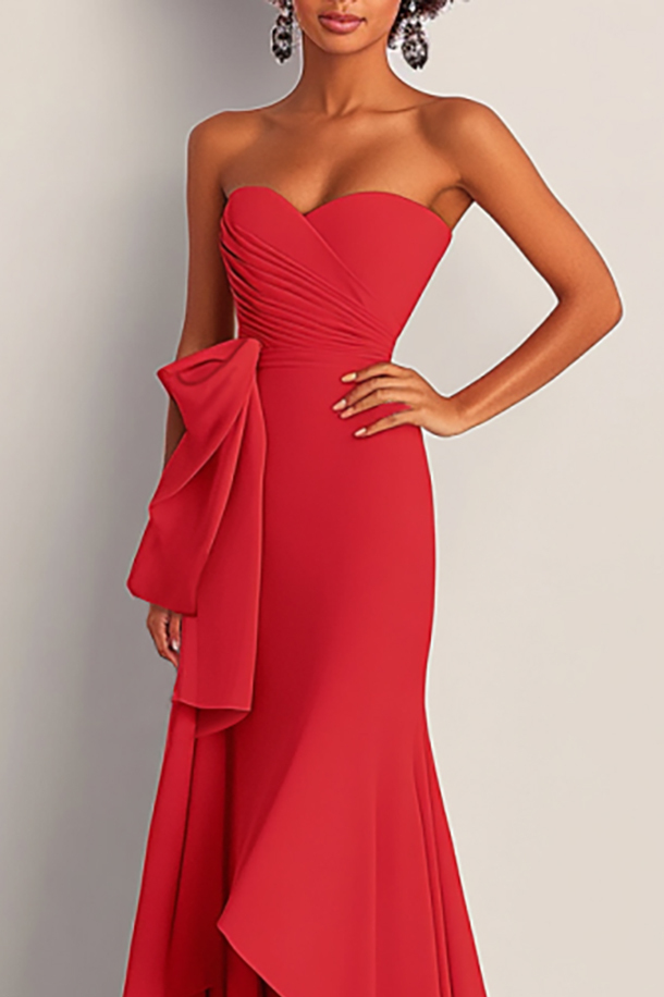 Formal Dress Red Strapless Pleated Waist Draped Floor-Length Gown