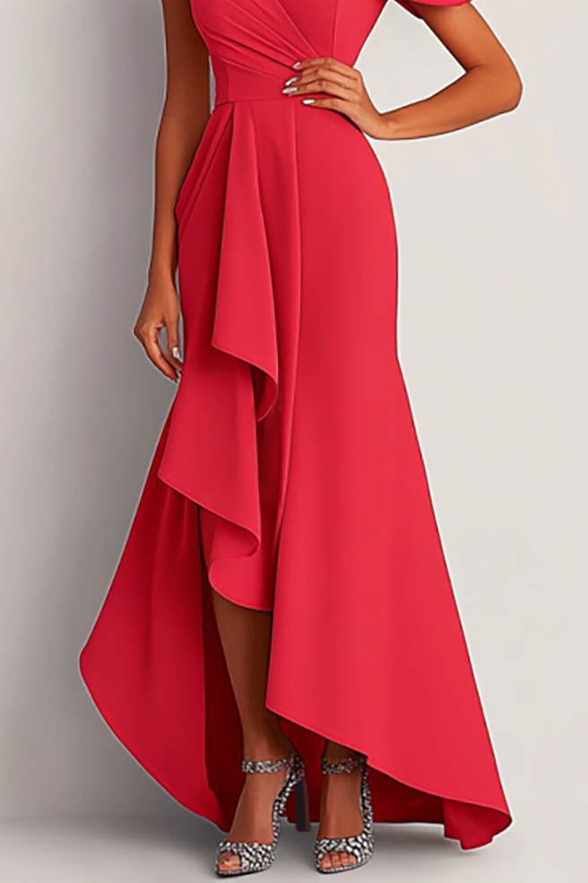 Formal Dress Red One-Shoulder Asymmetrical Floor-Length Gown