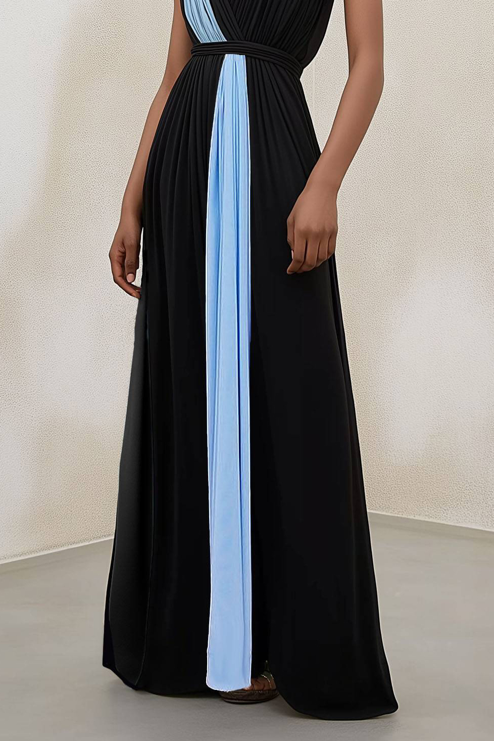 Party Colorblock Dress Black V-Neck Sleeveless Pleated Floor-Length Dress