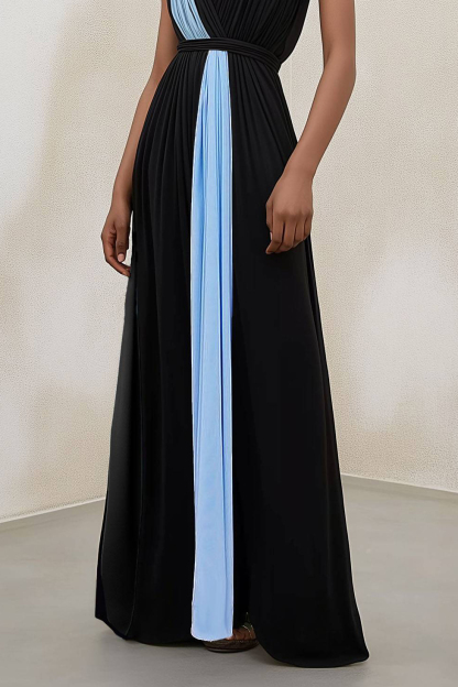 Party Colorblock Dress Black V-Neck Sleeveless Pleated Floor-Length Dress