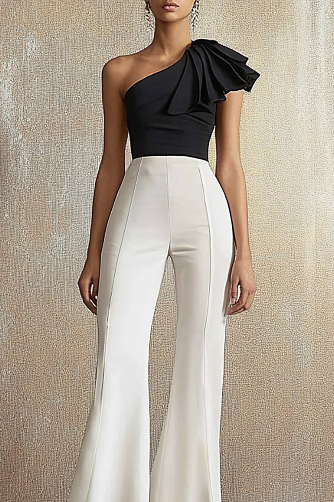 Semi-Formal Party Jumpsuit Colorblock One-Shoulder Bell Bottom Pants
