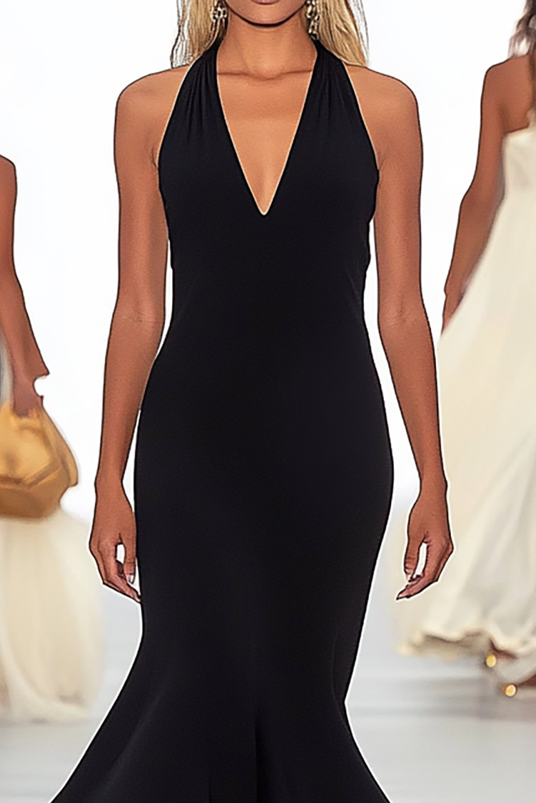 Cocktail Party Halter Dress Black V-Neck Sleeveless Chiffon Fishtail Skirt
