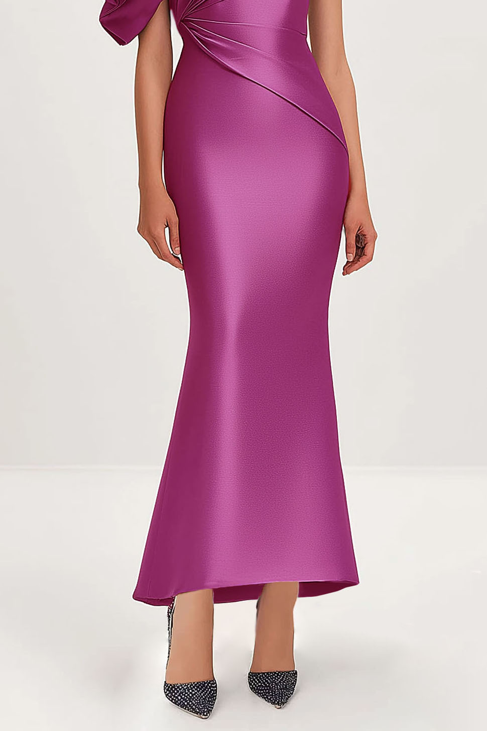 Semi-Formal Satin Dress Purple One-Shoulder Pleated Flower Sleeve Maxi Dress