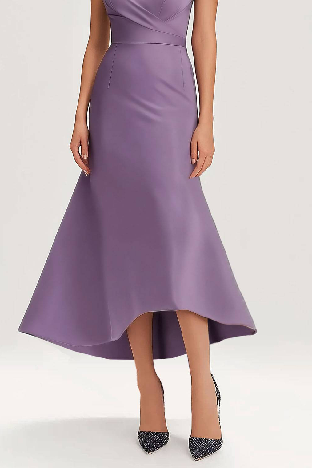 Semi-Formal Party Dress Purple One-Piece Pleated Rhinestone Midi Dress