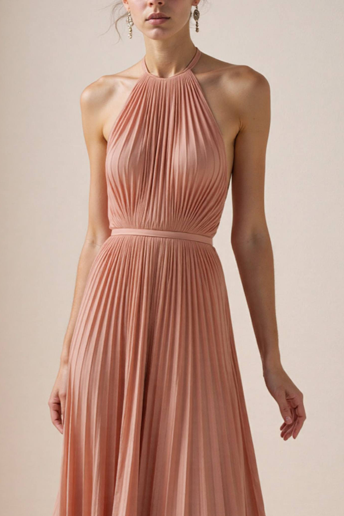 Wedding Guest Casual Dress Light Pink Halter Neck Pleated Maxi Dress