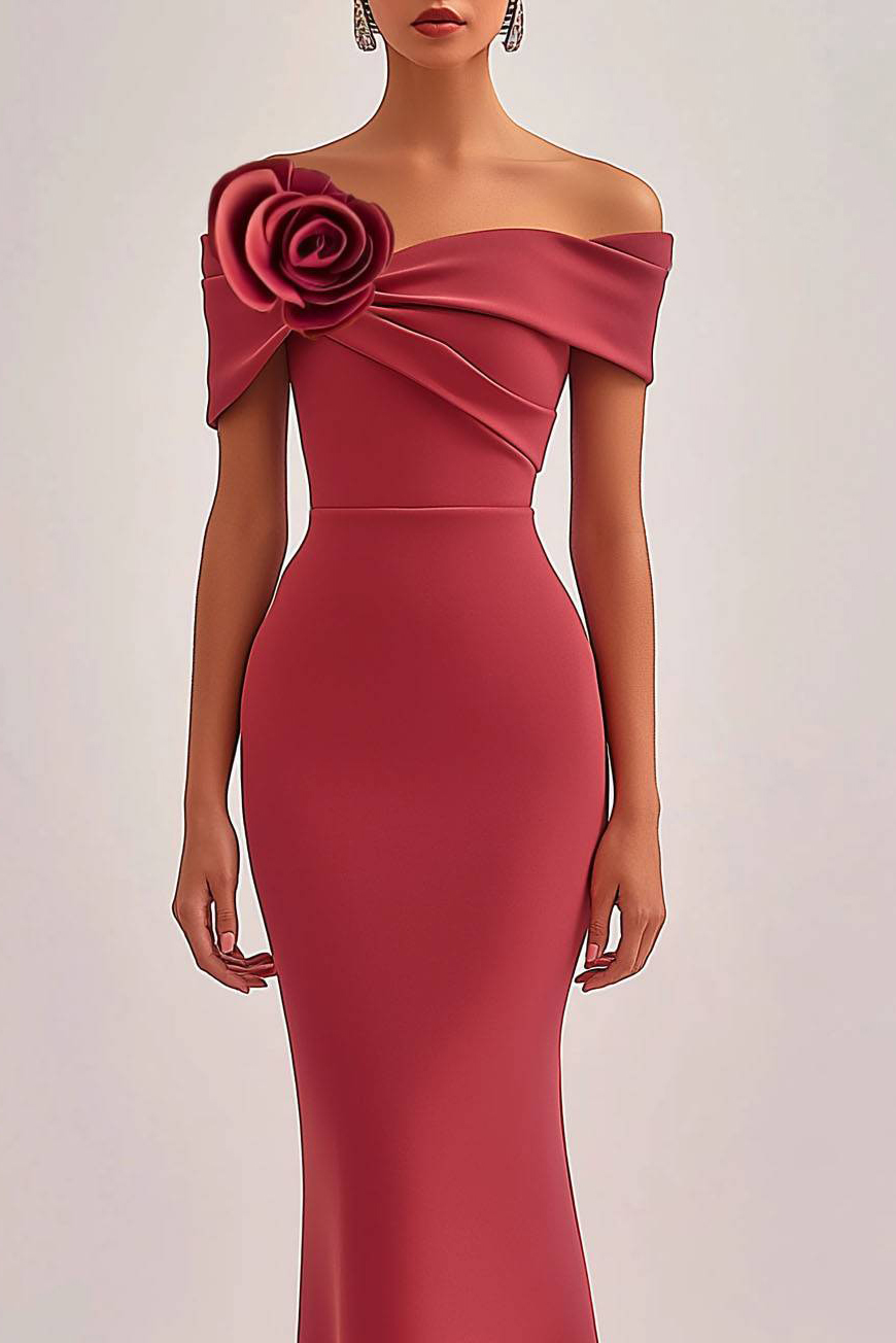 Formal Evening Dress Red One-Shoulder Flower Bodycon Maxi Dress