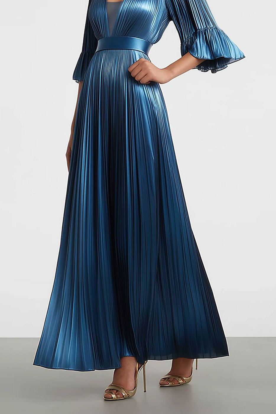 Formal Evening Pleated Dress Blue Metallic Fabric V-Neck Ruffled Maxi Dress
