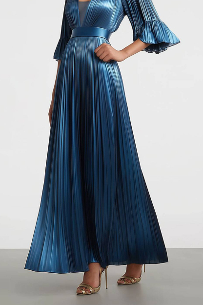 Formal Evening Pleated Dress Blue Metallic Fabric V-Neck Ruffled Maxi Dress