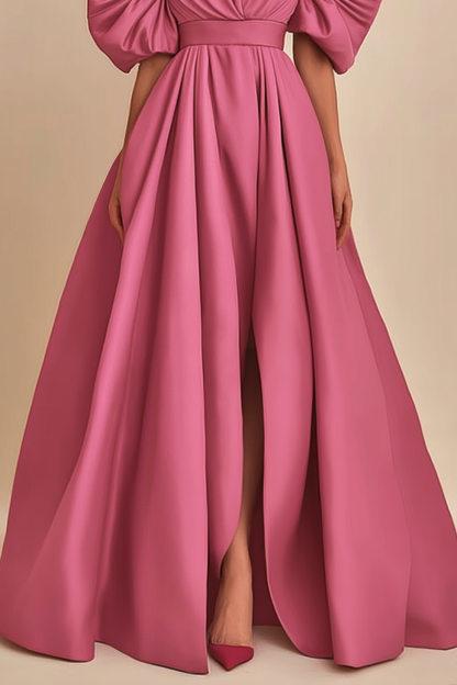 Formal Prom Dress Pink Off-Shoulder Side Slit Floor-Length Dress