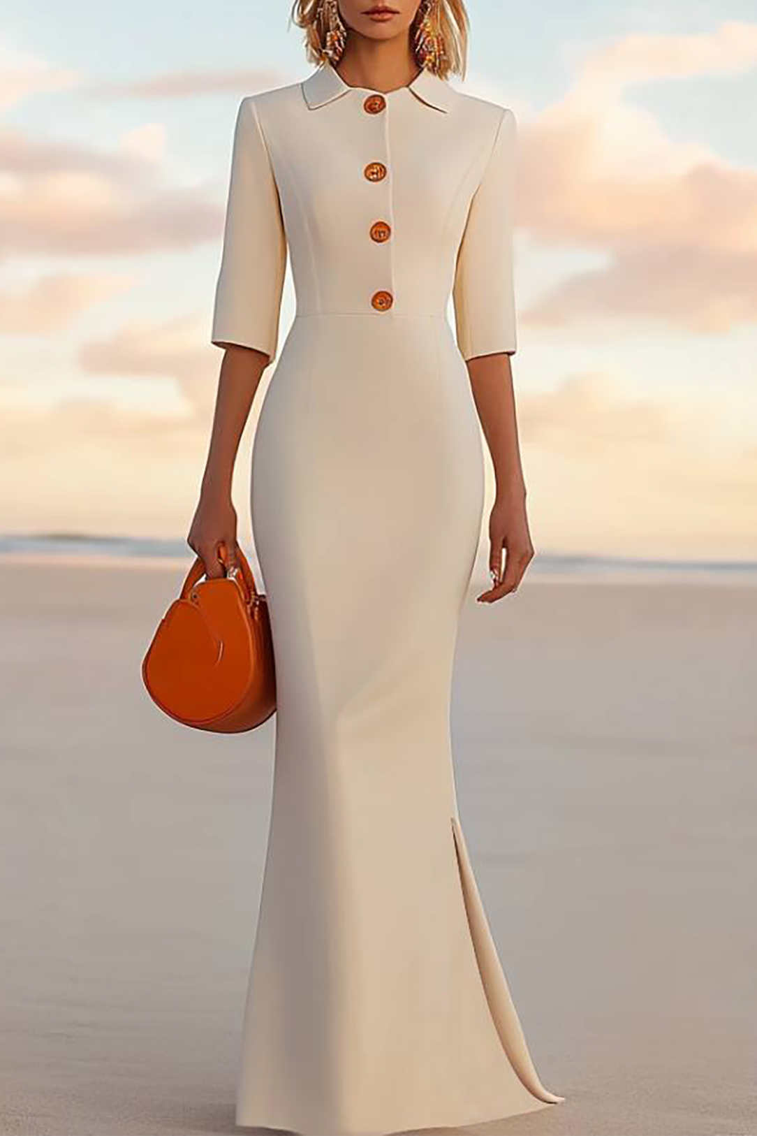 Work Semi-Formal Beige Dress Lapel Long Sleeves Long Dress With Slit
