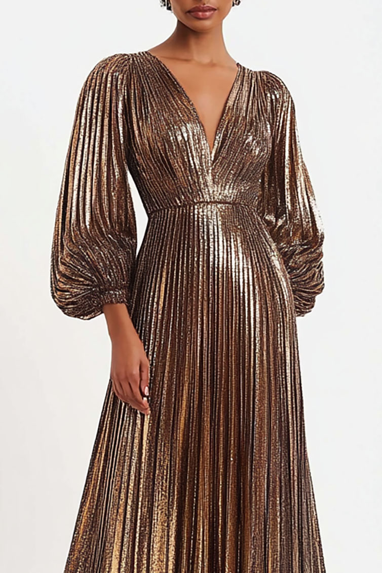 Elegant Evening Deep V Neck Dress, Puff Sleeve Long Sleeve Pleated Maxi Skirt