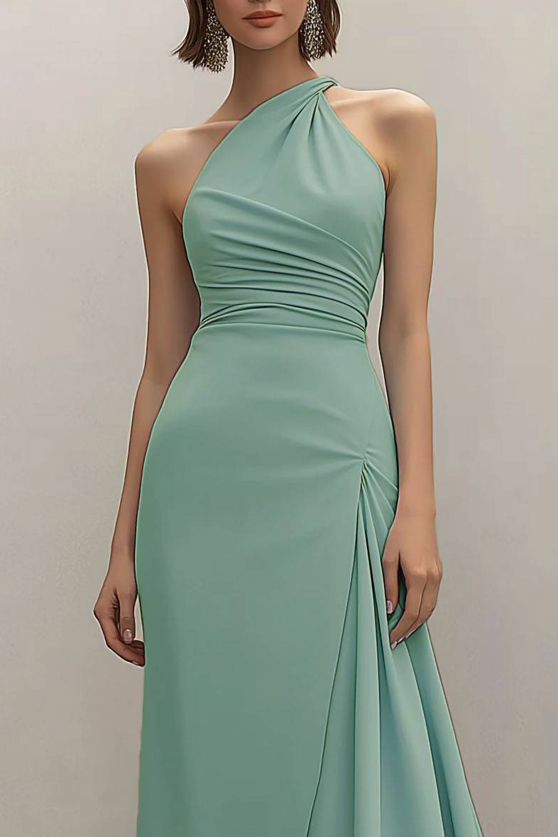 Wedding Guest Party Dress Sage Green One-Shoulder Ruffle Midi Dress