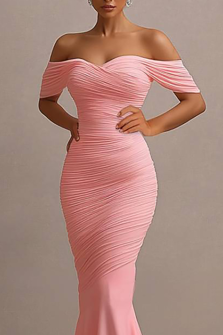 Formal Evening Dress Pink Pleated Mermaid Floor-Length Dress
