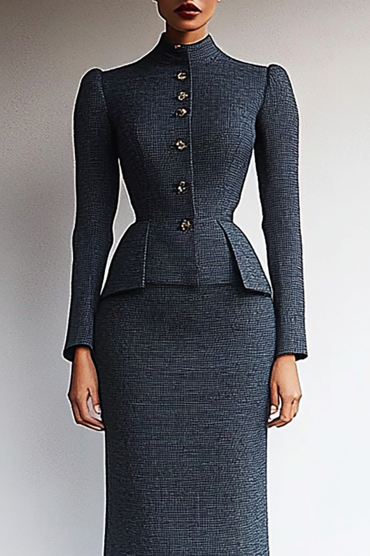 Long sleeve tweed jacket and matching midi skirt for office wear