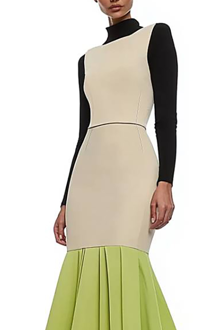 Semi-Formal Dress Colorblock Stand Collar Fitted Mermaid Pleated Maxi Dress