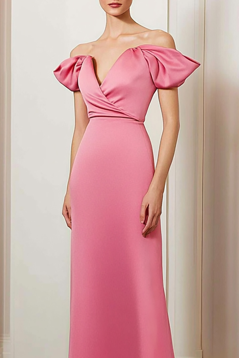 Formal Evening Dress Pink Off-Shoulder Puff Sleeve Floor-Length Dress