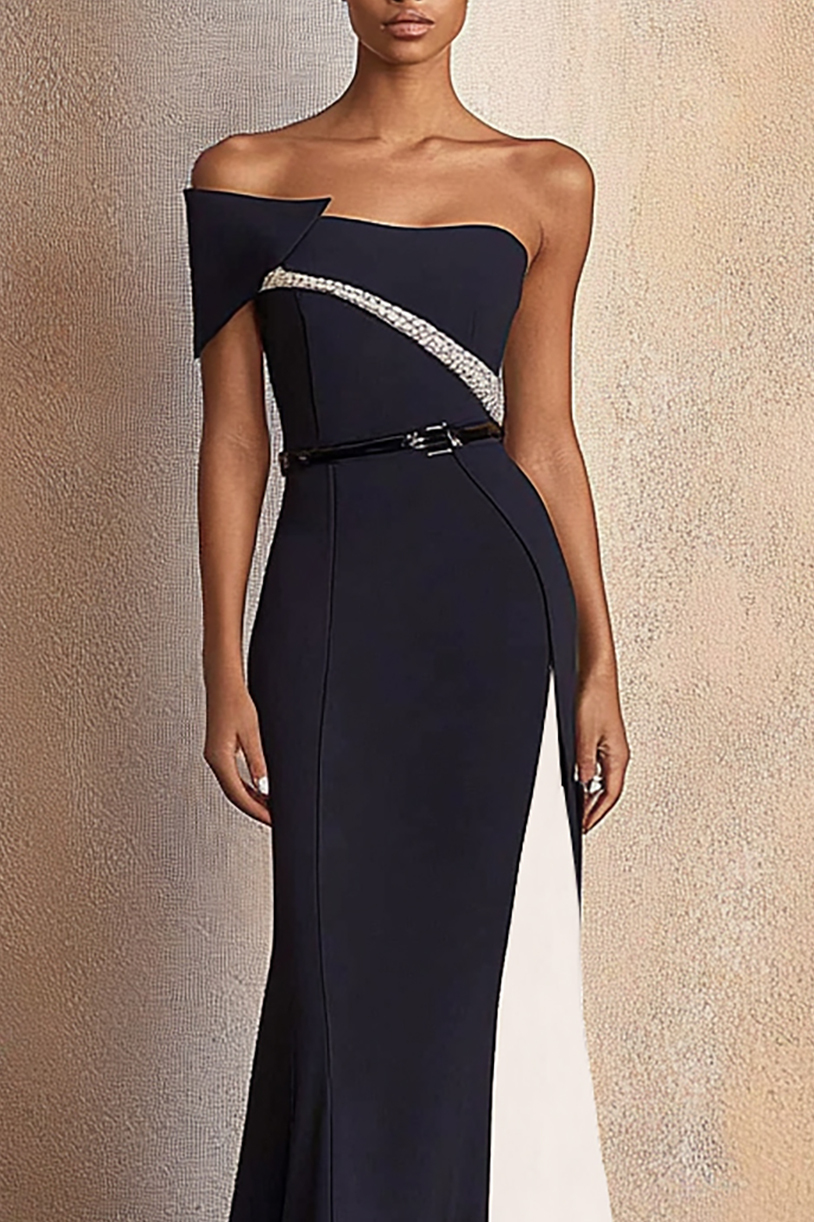 Formal Evening Dress Black White Colorblock Belt Floor-Length Dress