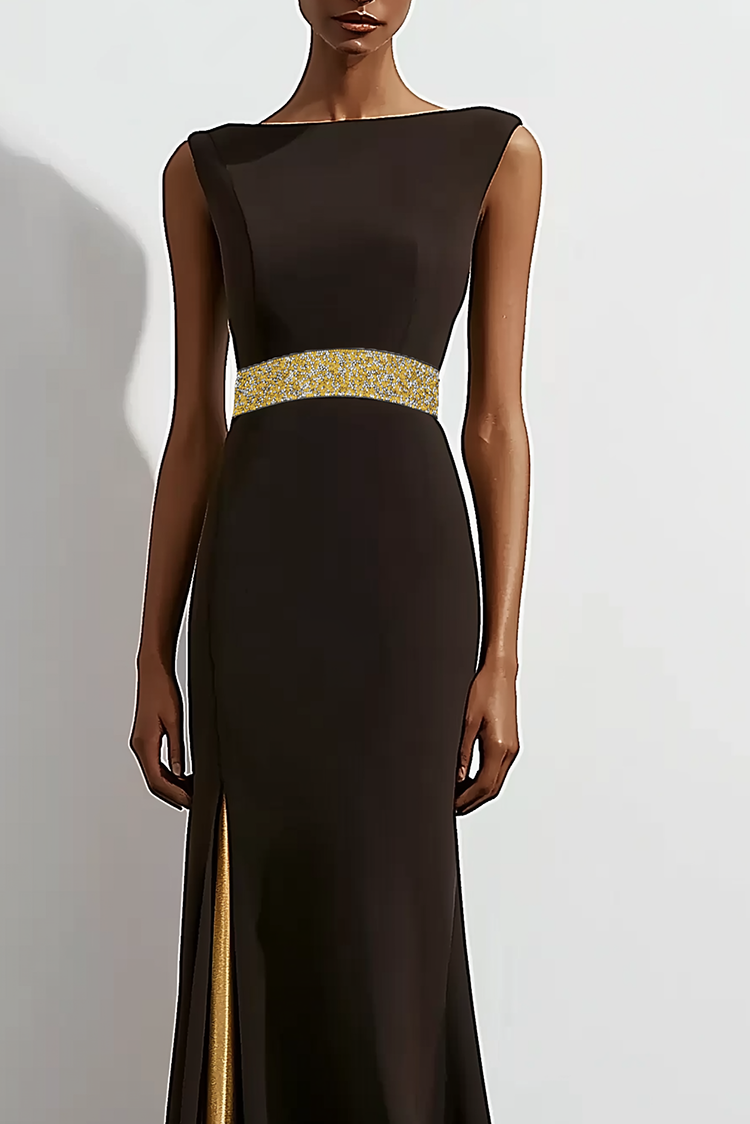 Formal Evening Dress Black Sleeveless Round Neck Floor-Length Dress
