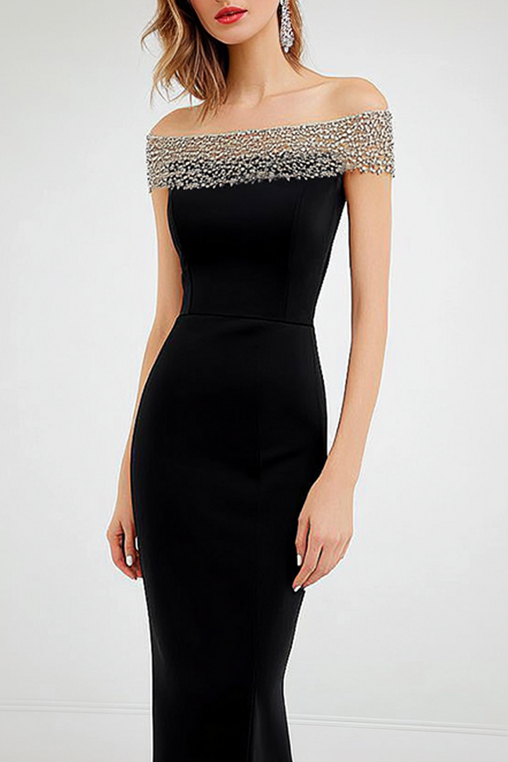 Formal Evening Dress Black Off-Shoulder Fitted Mermaid Floor-Length Gown