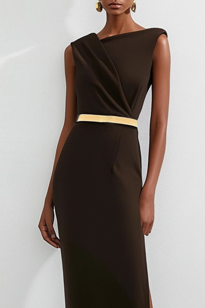 Formal Evening Dress Black Asymmetrical Neck Sleeveless Side Slit Maxi Dress