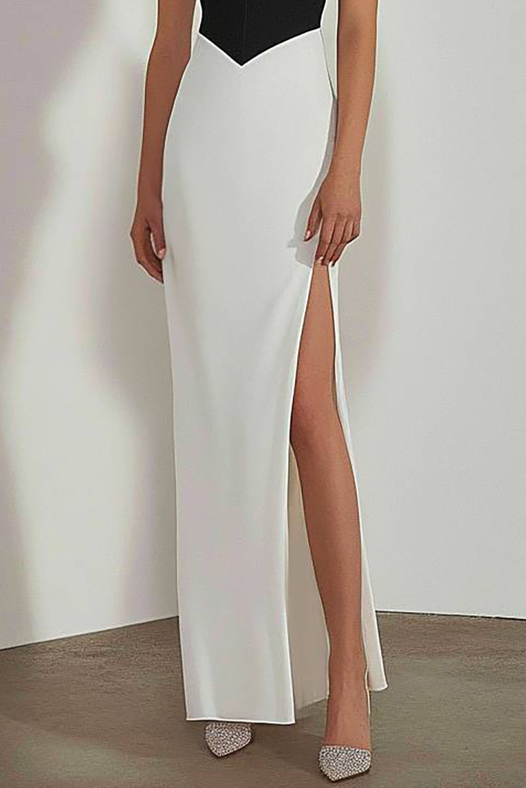 Semi-Formal Party Dress Black White V-Neck Sleeveless High Slit Maxi Dress