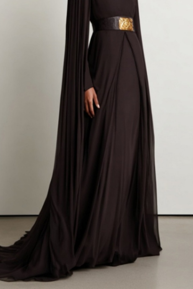 Formal Evening Dress Brown Stand Neck Cape Maxi Dress