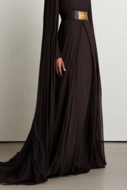 Formal Evening Dress Brown Stand Neck Cape Maxi Dress