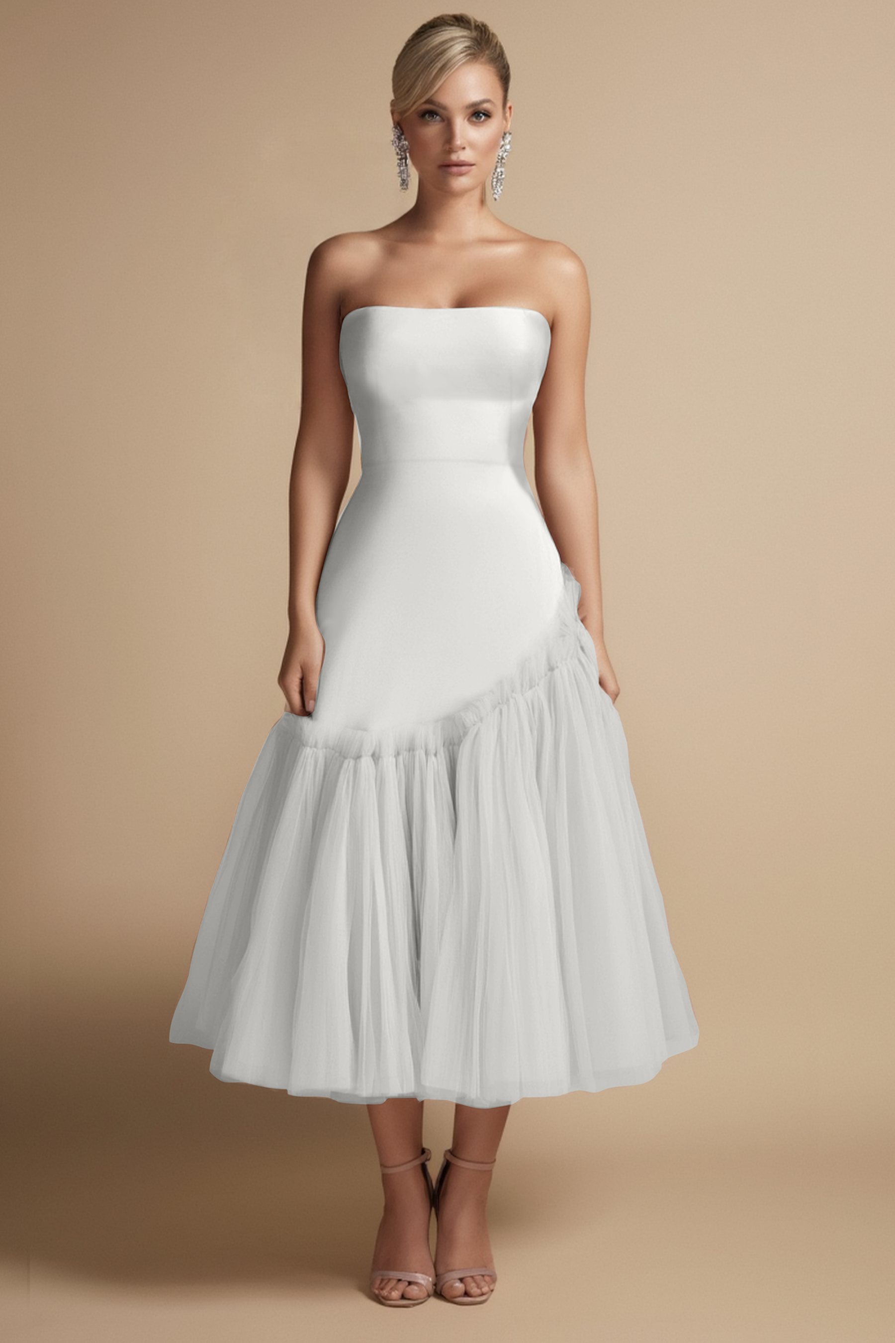 Cocktail Dress Pink Strapless Mesh Midi Dress
