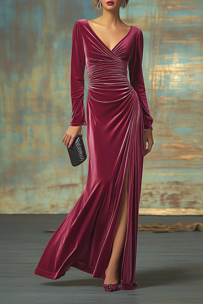 Formal Evening Velvet Dress Fuchsia V Neck Maxi Dress