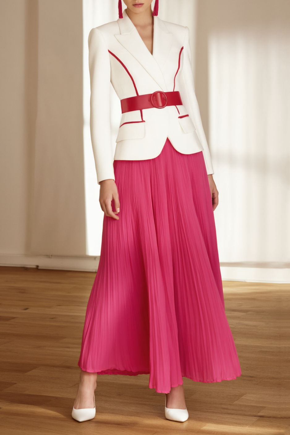 Work Suit Sets White Lapel Belted Skirt Set