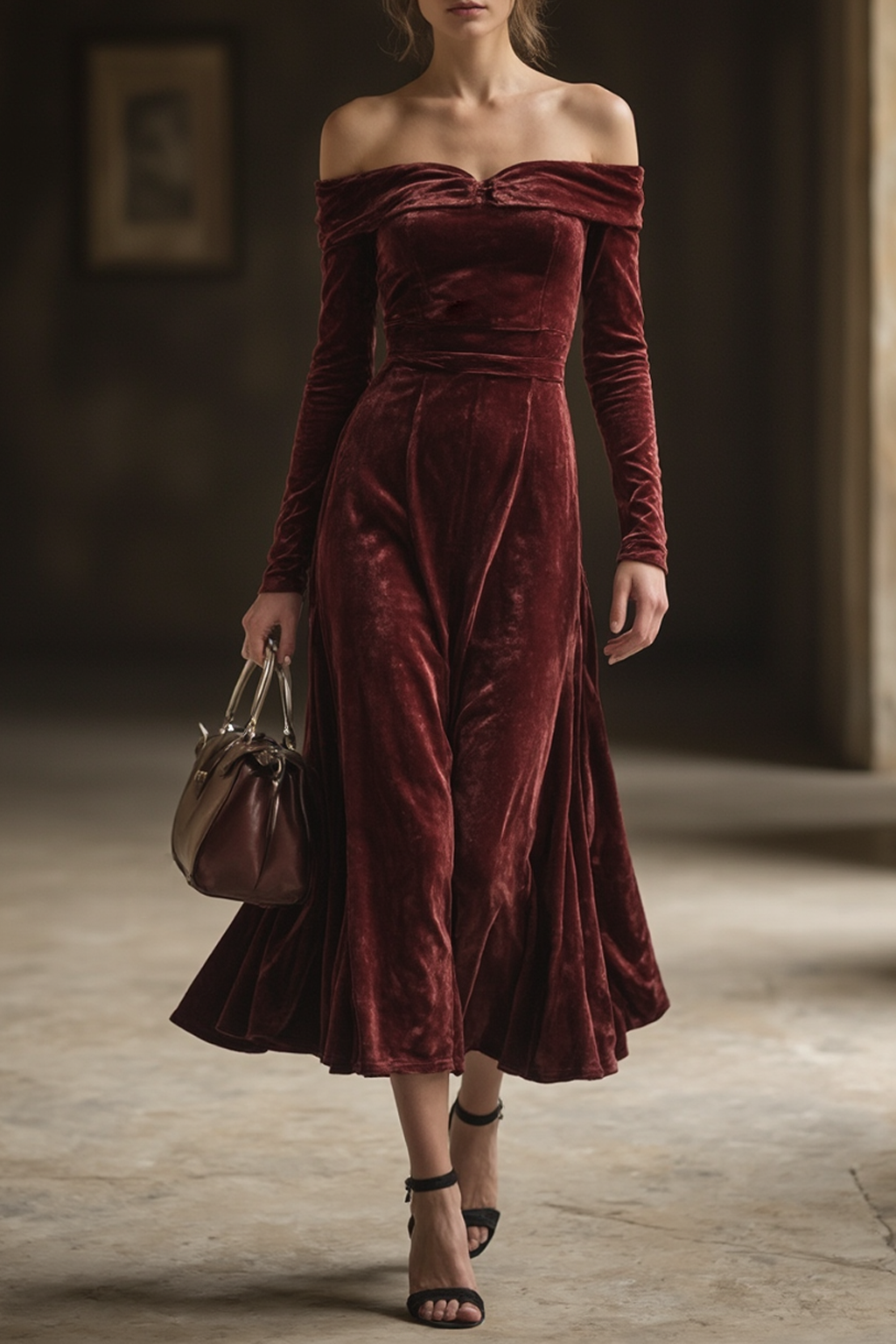 Formal Evening Velvet Dress Burgundy Off Shoulder Maxi Dress