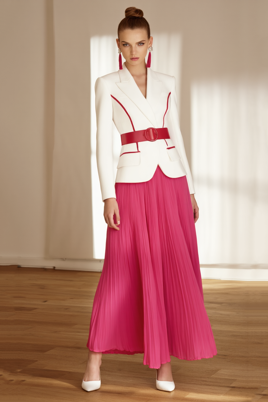Work Suit Sets White Lapel Belted Skirt Set