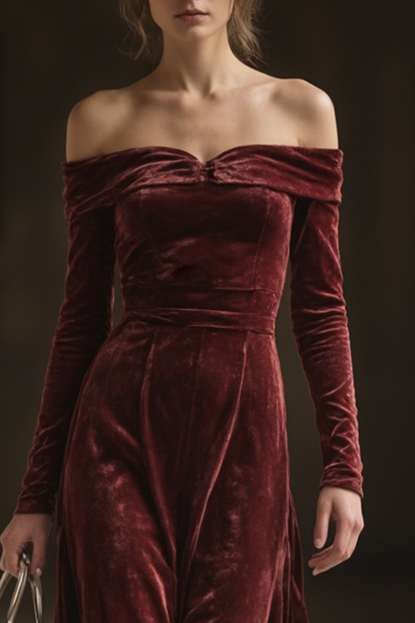 Formal Evening Velvet Dress Burgundy Off Shoulder Maxi Dress
