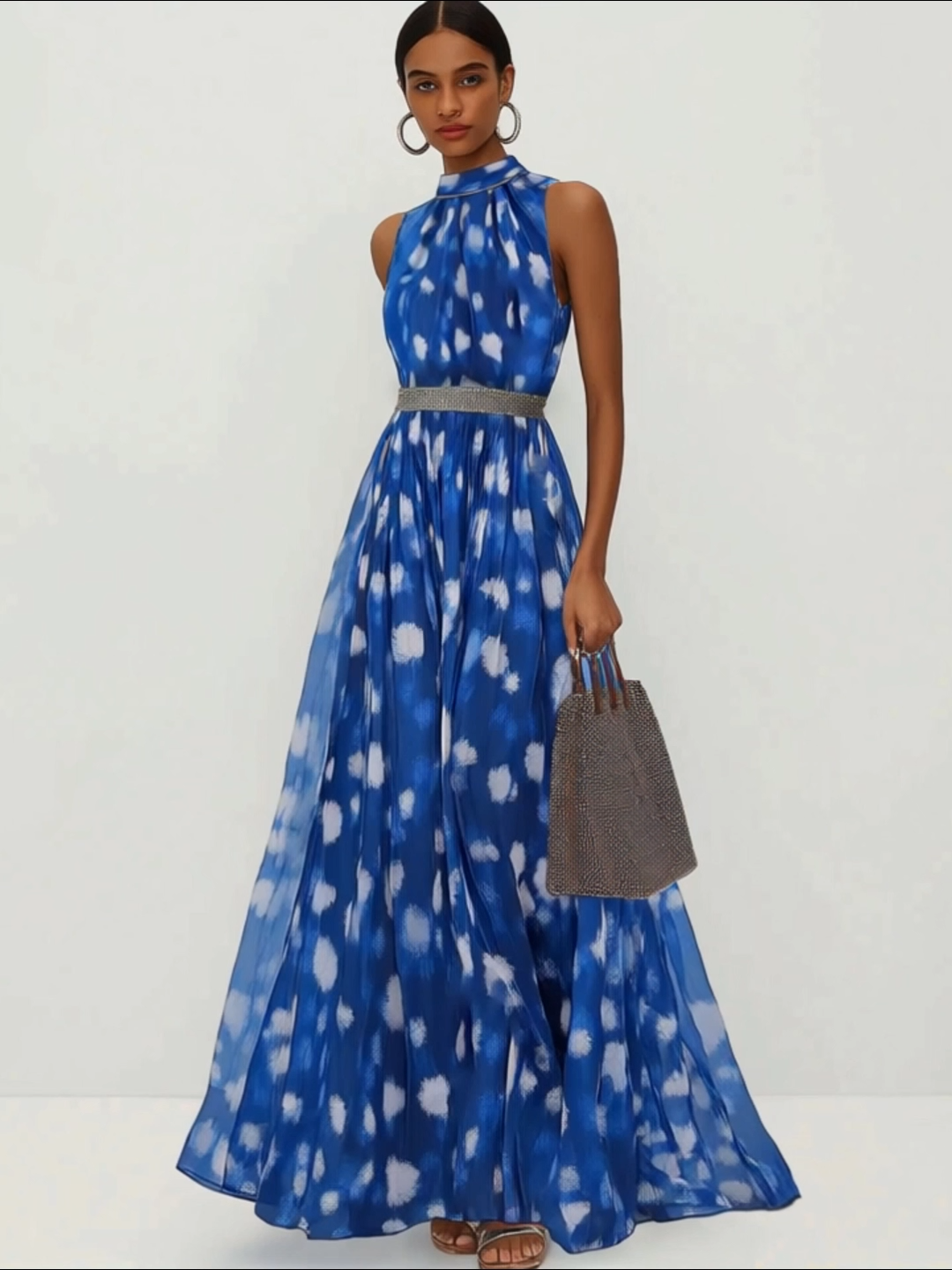 Party Semi-Formal Dress Blue Sleeveless Chiffon Silver Belt Maxi Dress