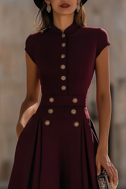 Cocktail Party Dress Burgundy Stand Neck Midi Dress