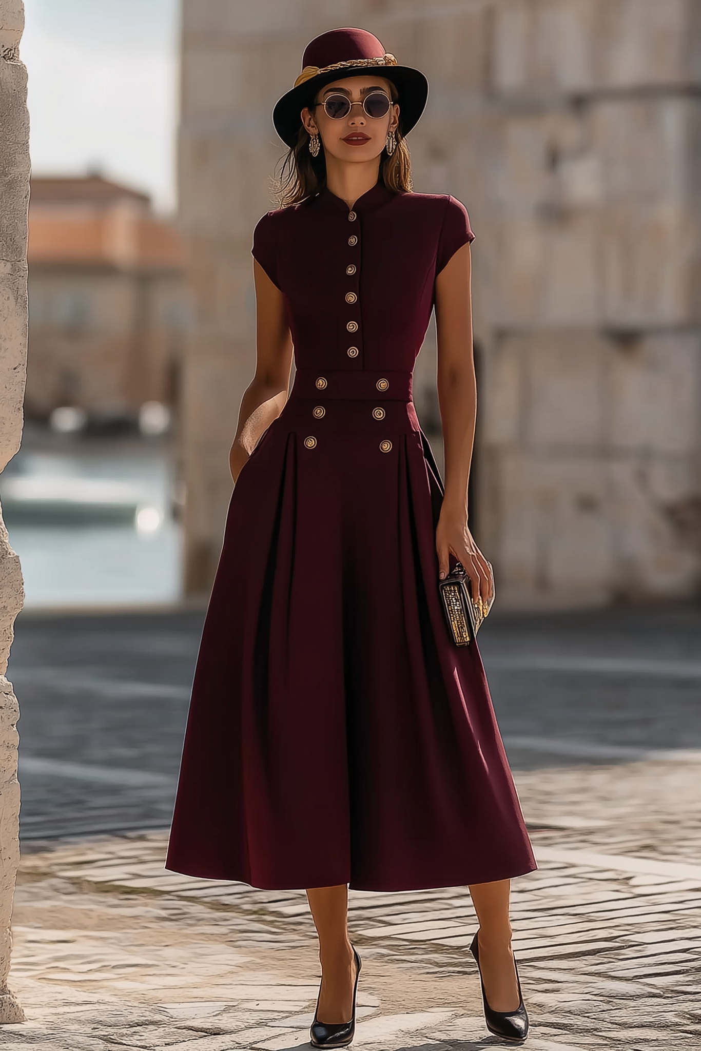 Cocktail Party Dress Burgundy Stand Neck Midi Dress