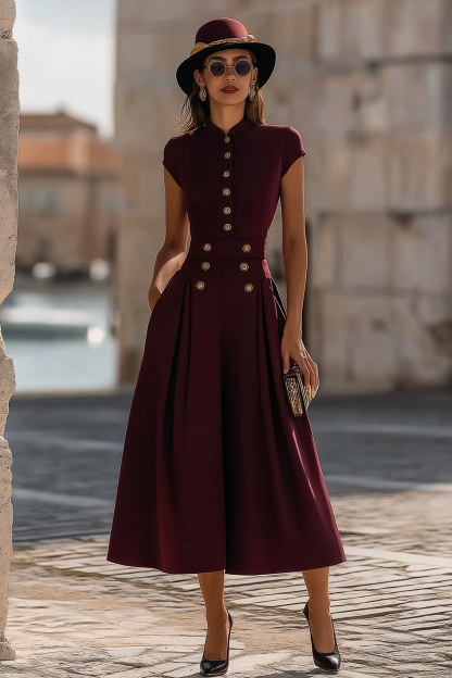 Cocktail Party Dress Burgundy Stand Neck Midi Dress