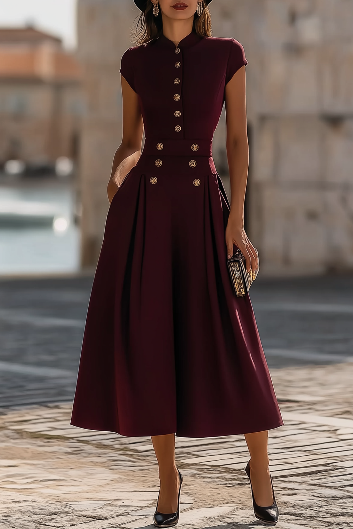 Cocktail Party Dress Burgundy Stand Neck Midi Dress