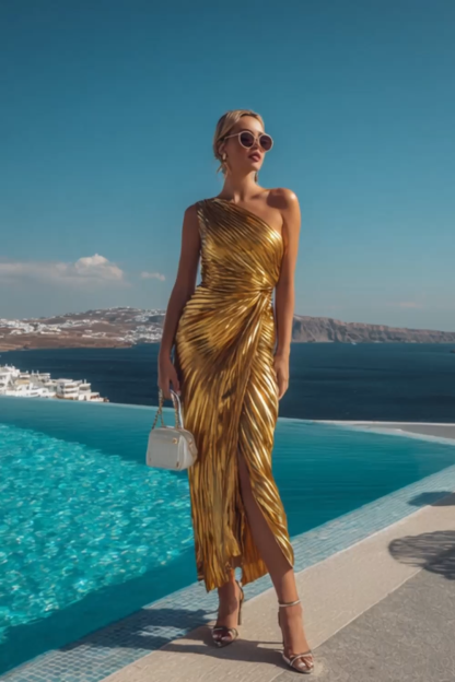 Formal Evening Dress Golden One Shoulder Slit Midi Dress