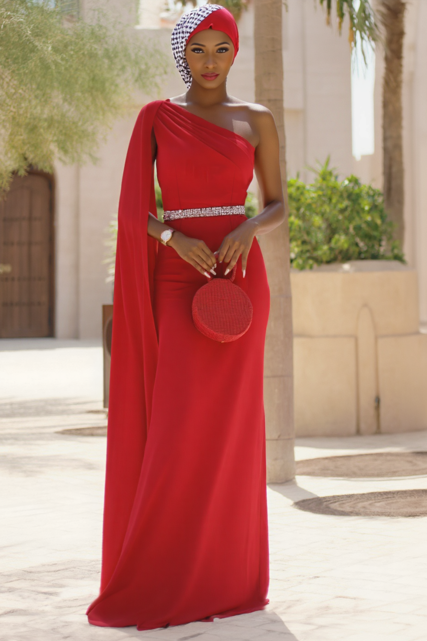 Formal Cocktail Dress Red One Shoulder Belted Floor-Length Dress