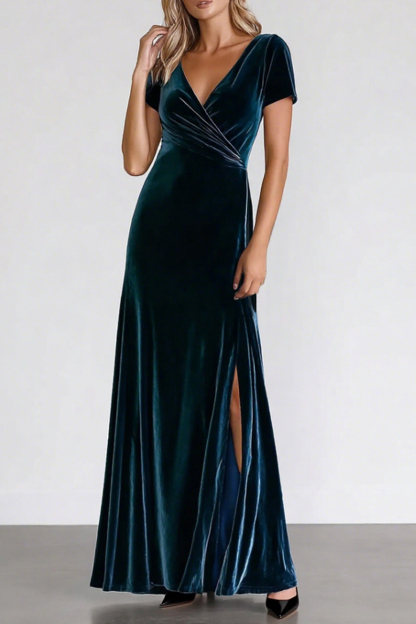 Formal Evening Dress Blue V Neck Velvet Maxi Dress