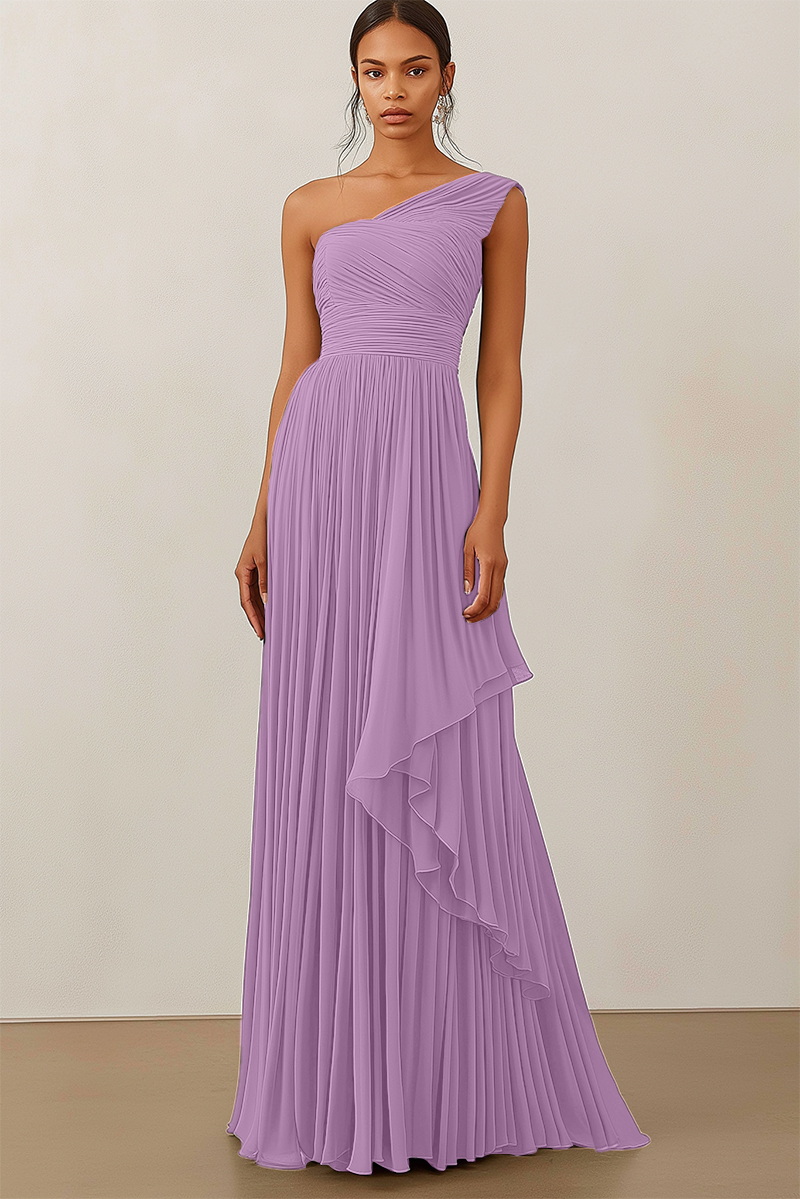 Formal Evening Dress Green Ruched Asymmetrical Floor-Length Gown