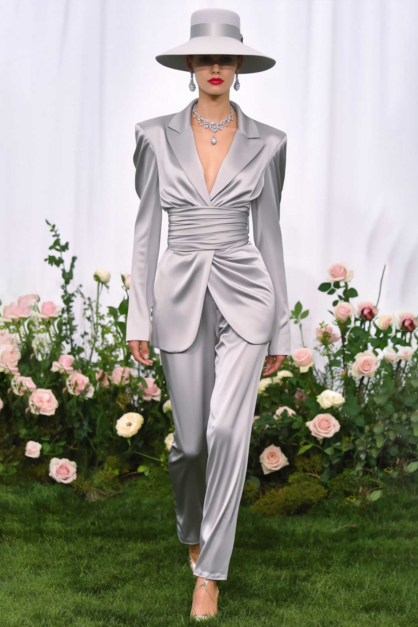 Business Party Blazer Suit Sets Silver Lapel Long Sleeve Pants Set