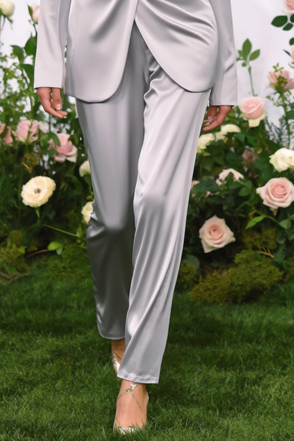 Business Party Blazer Suit Sets Silver Lapel Long Sleeve Pants Set