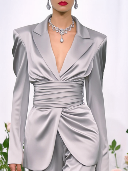 Business Party Blazer Suit Sets Silver Lapel Long Sleeve Pants Set